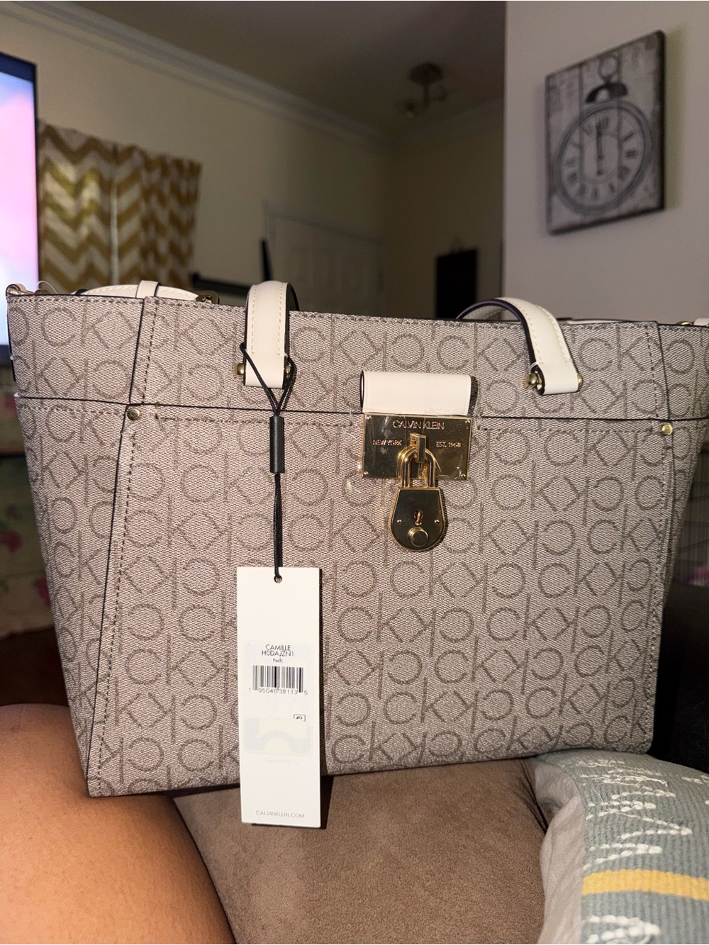 Calvin Klein Taupe Monogram Tote with White Trim